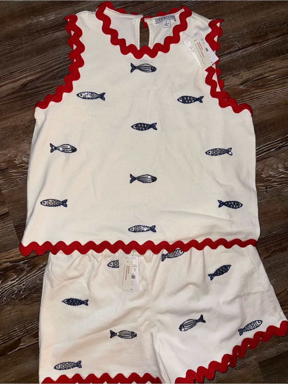 NWT J. Crew Girls' beaded fish Ric Rac pull-on short And Top  in jersey Size 10